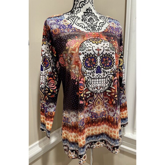 Women’s XL Abstract Floral Rhinestone Skull Embellished Tunic Top Whimsy Artsy - Picture 6 of 13